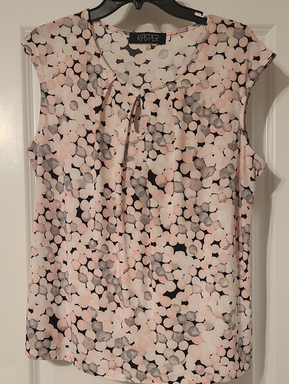 Kasper Pink and Black Dot-Pattern Cap Sleeve Blouse